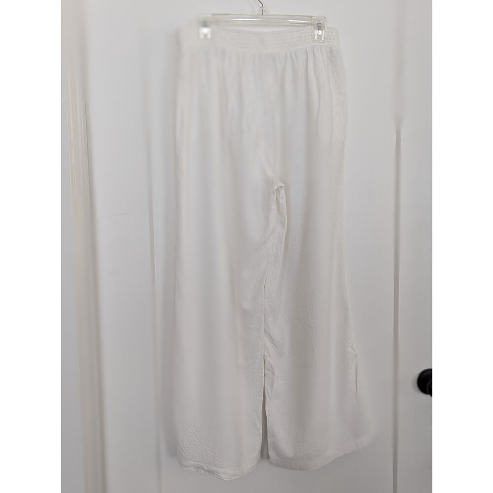 Aerie Linen Blend Wide Leg Pants L White Smocked Waist Beach Resort - Picture 4 of 9